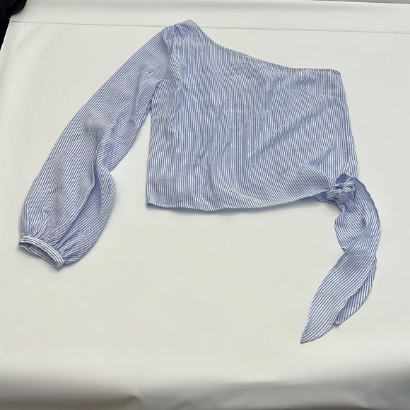 L’ Academie romantic sleeve blue & white pinstripe shirt size S - Picture 5 of 16